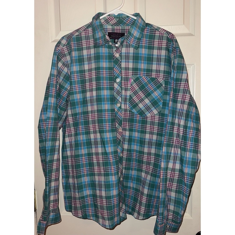 Mishka MNWKA Button Up Plaid Long Sleeve Cotton Shirt Mens Sz L